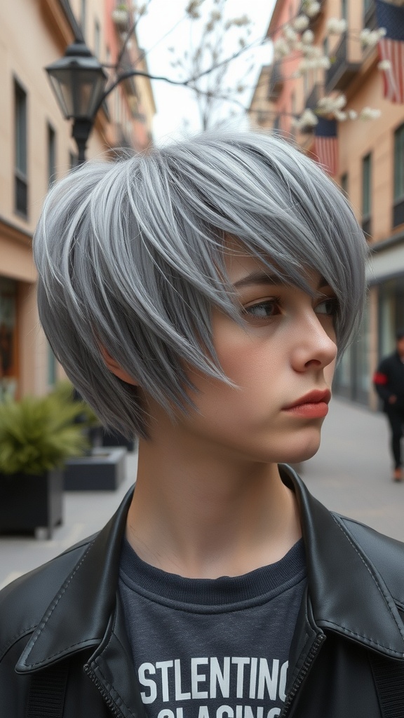 A person with stylish short ash gray hair, standing in a city street.