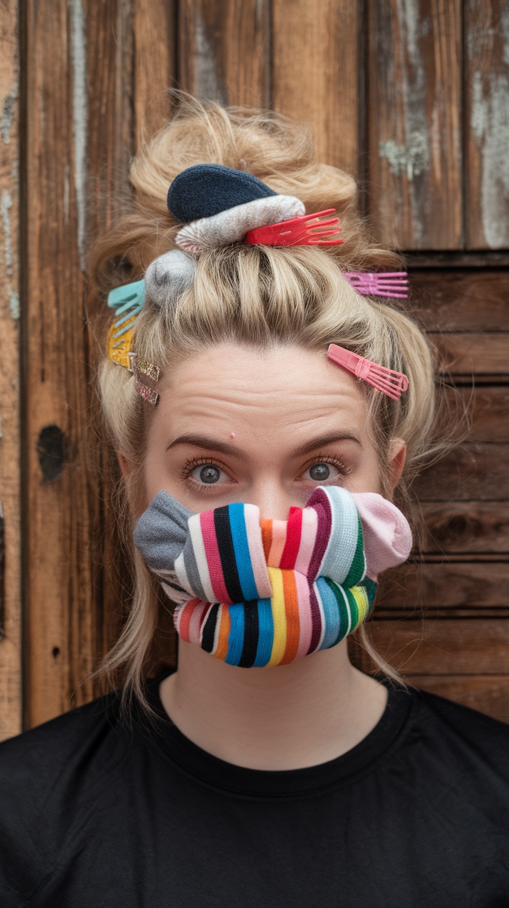 A person with a colorful sock bun hairstyle, featuring vibrant striped socks and hair clips.