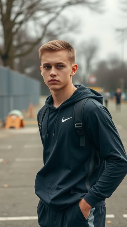 A young man with a crew cut wearing a navy athletic hoodie and backpack, standing outdoors.