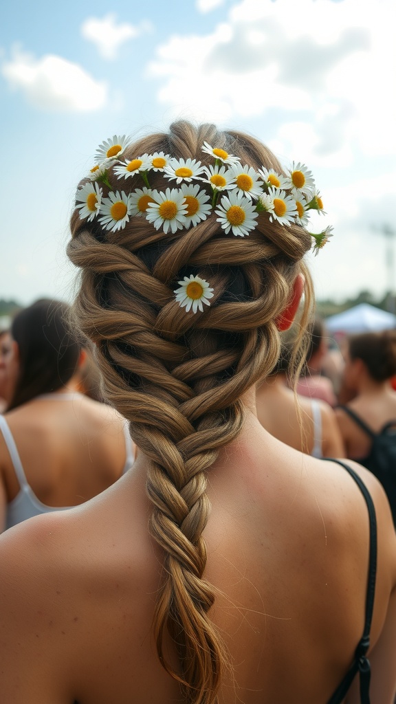 A woman with a crown of twisted hair adorned with daisies, showcasing a beautiful festival hairstyle.