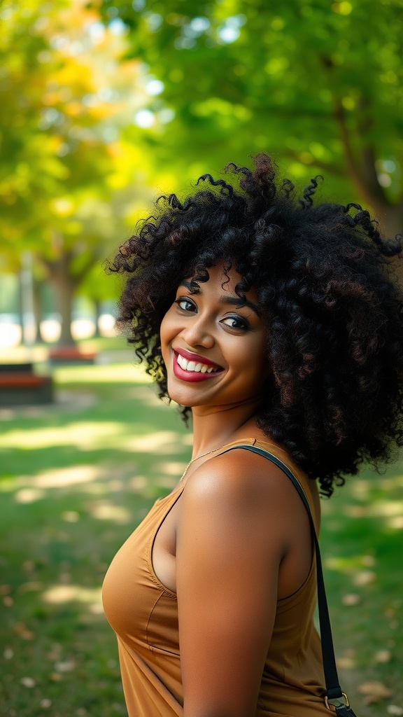 A woman with curly hair and wispy bangs smiling in a park.