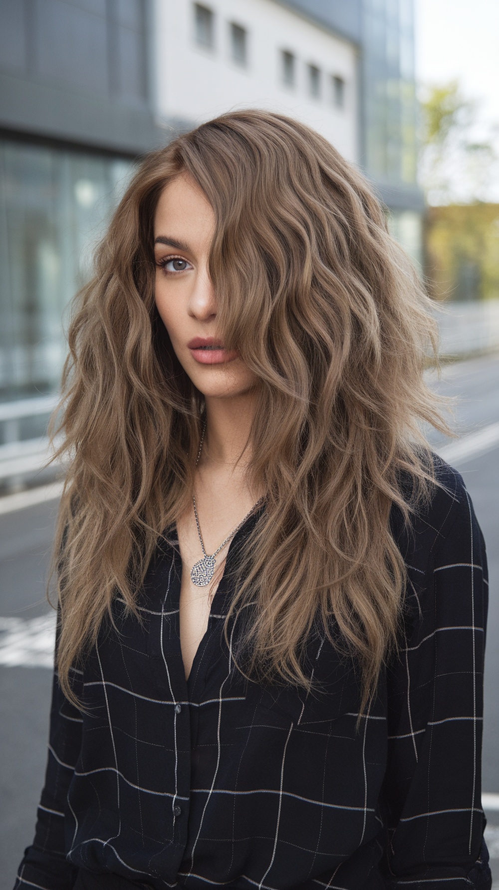 A woman with long, curly hair styled in layers and a deep side part, wearing a black shirt with a grid pattern.