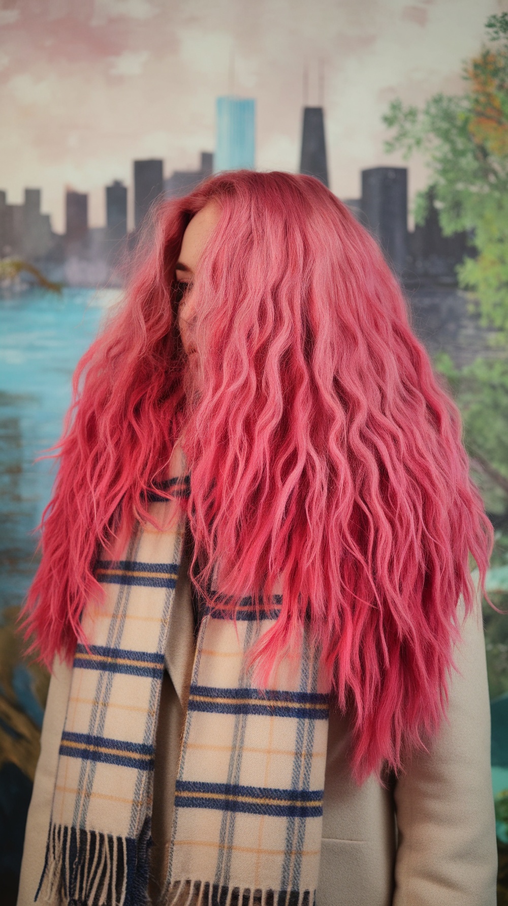 A person with long, curly hair dyed pink, wearing a scarf, with a city skyline in the background.