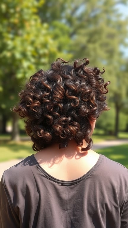 A person with curly hair styled in a mullet, showcasing natural texture and vibrant curls.