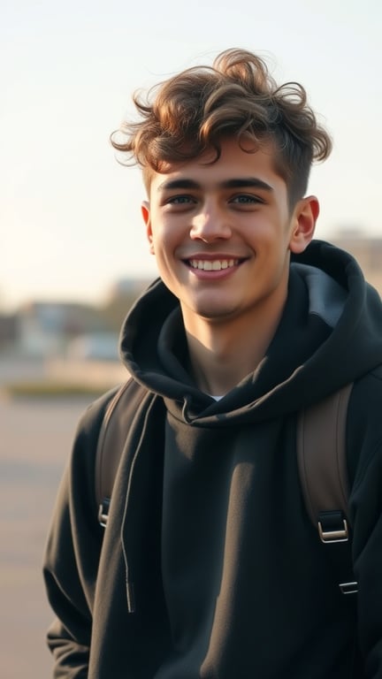 A young man with curly hair and a fade haircut, smiling outdoors.