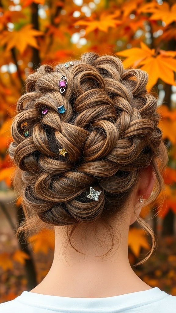 A curly updo hairstyle adorned with colorful jewel-toned clips, set against a backdrop of autumn leaves.