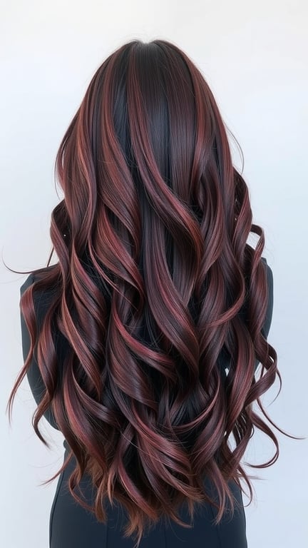 Long hair with deep burgundy highlights styled in curls
