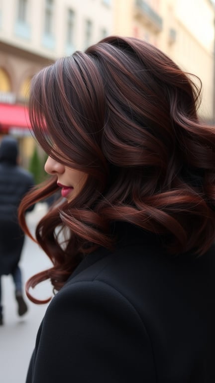 A close-up of a woman with deep burgundy hair styled in loose curls, showcasing the rich color and shine.