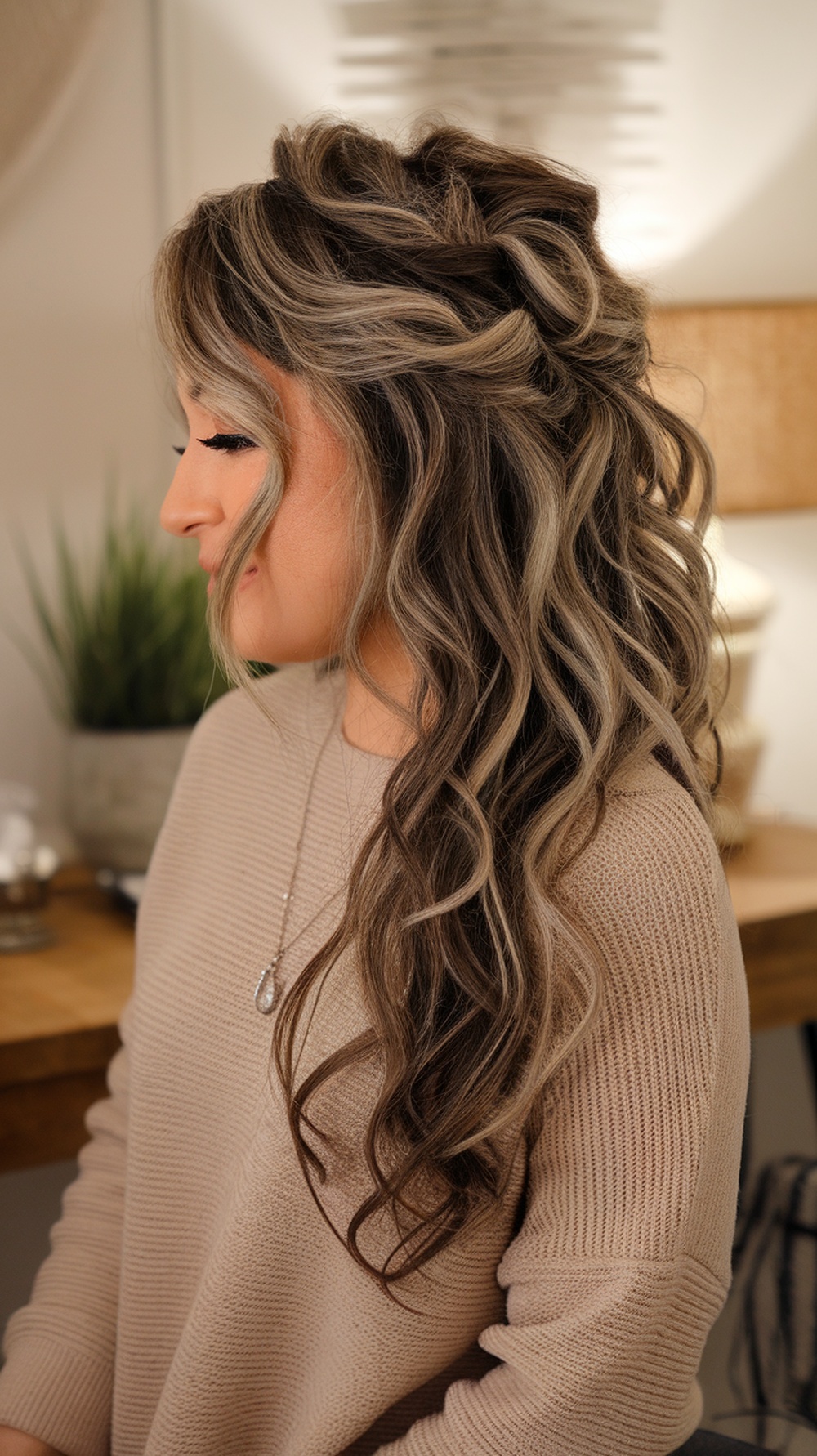 A woman with long layered curly hair featuring defined curls and subtle highlights, wearing a cozy sweater.