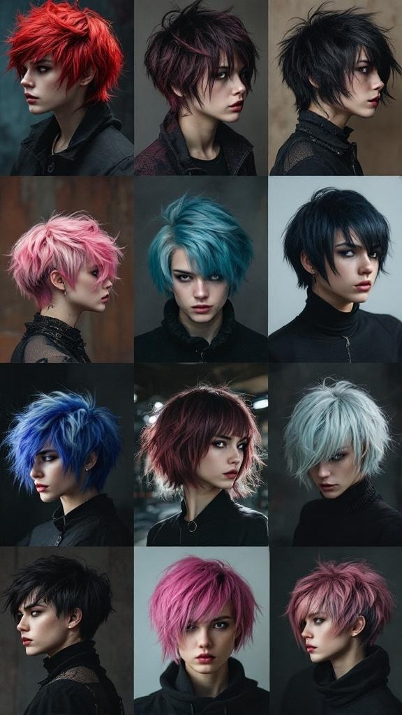 A collage of various emo shag haircuts in different colors and styles.
