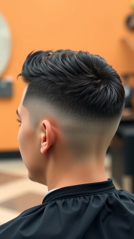 A stylish temple fade hairstyle with longer hair on top and a smooth fade on the sides.