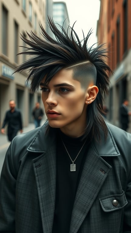 A person with a disconnected mullet hairstyle, featuring short sides and longer hair at the back, styled with spikes on top.