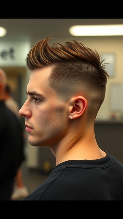 A young man with a disconnected undercut hairstyle, featuring short sides and longer hair on top.