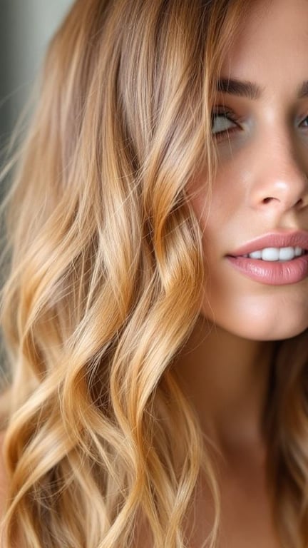 A close-up of a woman with brown hair featuring caramel highlights, showcasing soft waves and a natural look.