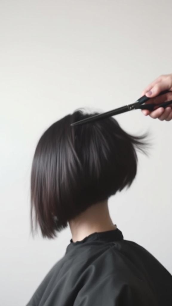 A person getting a haircut, with a stylist holding scissors and preparing to cut hair.