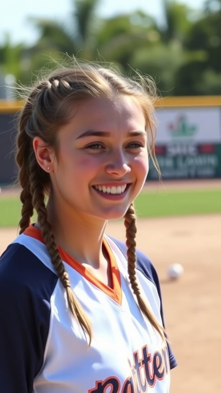 A young athlete with double Dutch braids smiling on a softball field.