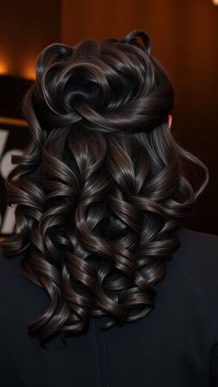 A woman with dramatic volume curls styled in a half-up, half-down hairstyle.