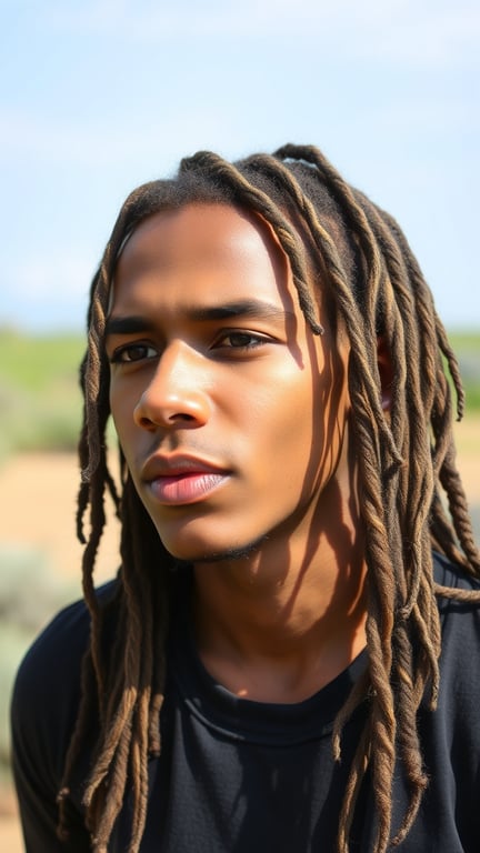 A young man with dreadlocks, showcasing a confident expression against a natural background.