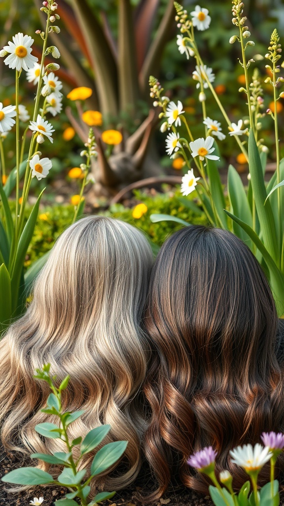 Two women with wavy hair, one blonde and one brunette, sitting in a garden surrounded by flowers.