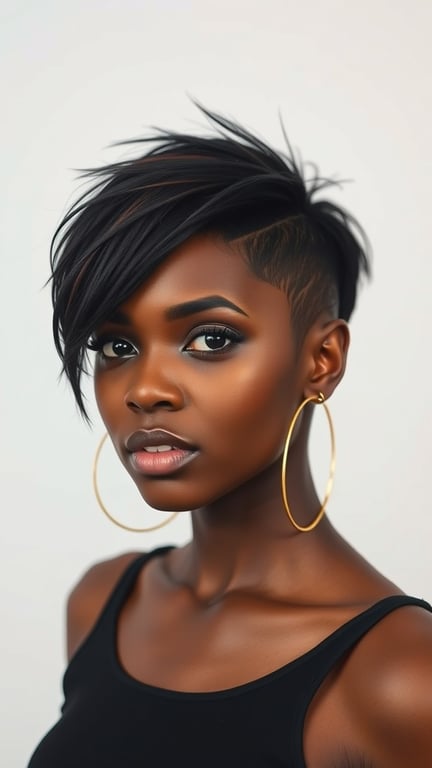 A woman with an edgy asymmetrical pixie cut, featuring shorter sides and a longer top, wearing large hoop earrings.