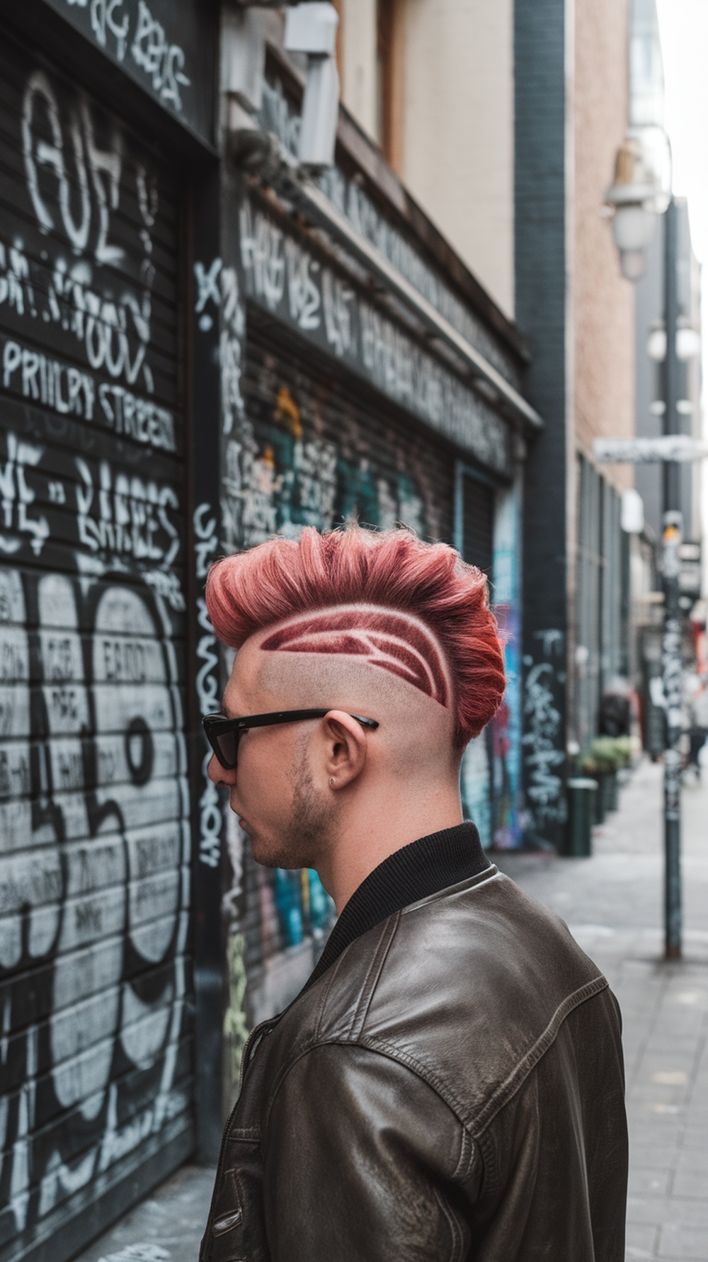 A person with a cherry bomb undercut hairstyle, featuring vibrant pink hair and intricate shaved designs, standing in an urban setting.