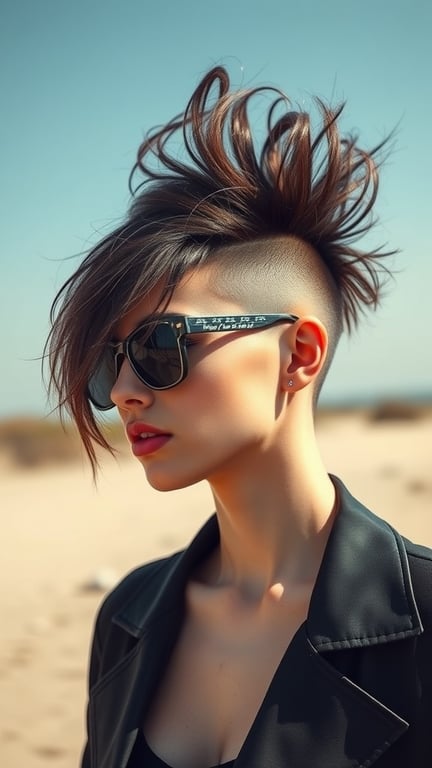 A model with an edgy undercut hairstyle featuring a long top, styled spiky, wearing sunglasses.