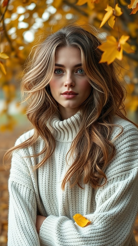 A woman with long, wavy hair wearing a cozy sweater, surrounded by autumn leaves.