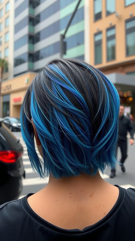 A person with electric blue chunky highlights in their hair, showing a stylish bob cut.