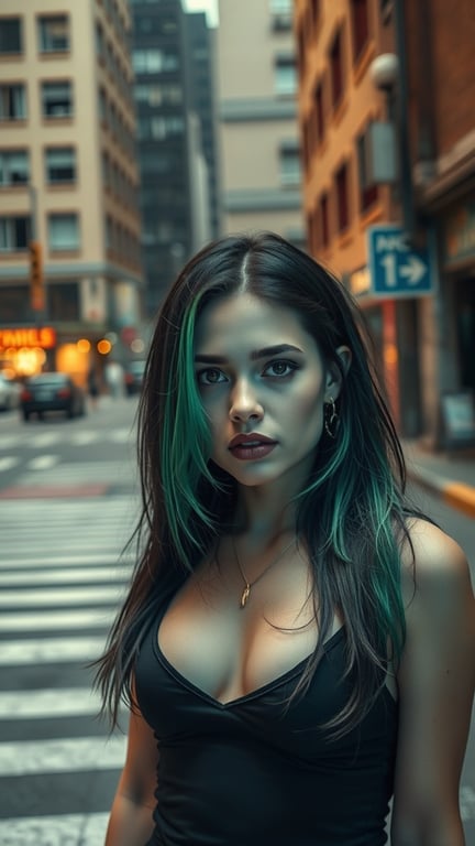 A person with dark hair featuring electric green streaks, standing on a city street.