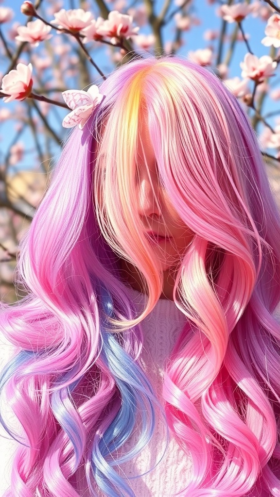 A person with long, colorful hair featuring electric pastel shades of pink, blue, and yellow, surrounded by blooming flowers.