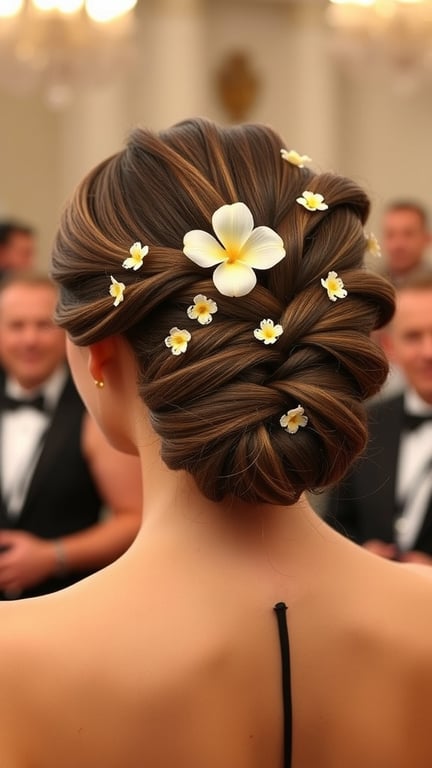 A stylish braided updo hairstyle adorned with flowers, perfect for a red carpet event.