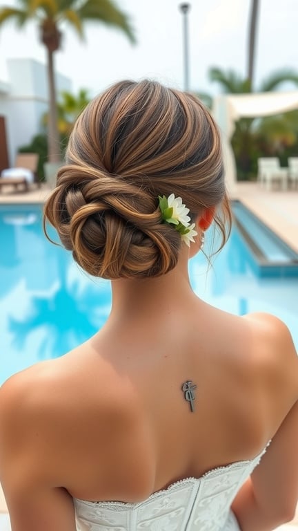 A woman with a chignon hairstyle adorned with a flower, standing by a pool.