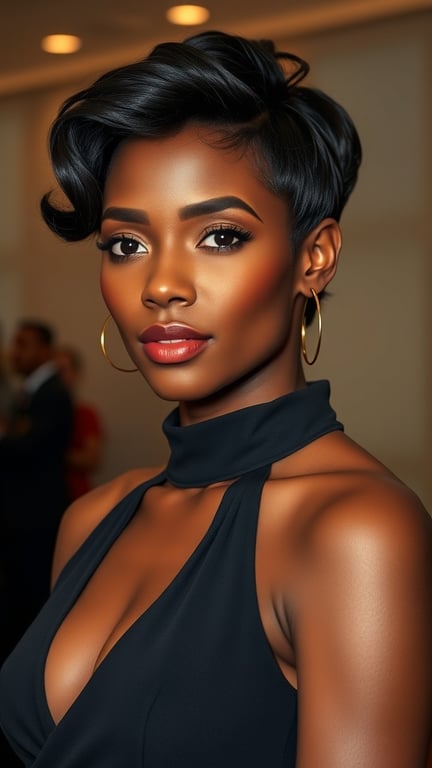 A Black woman with a stylish pixie cut featuring soft waves, wearing a black halter neck dress.