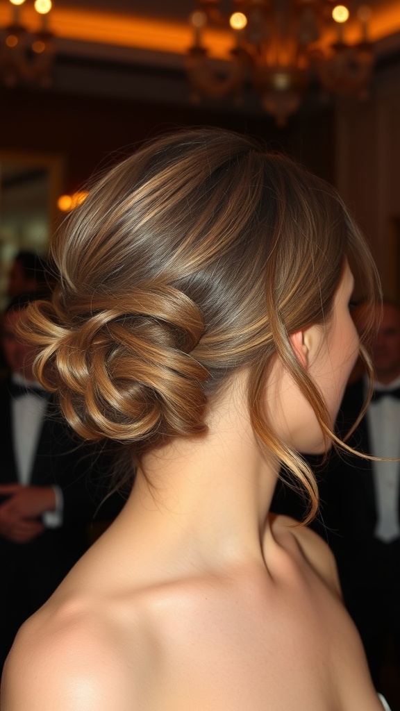 A woman with a chic updo and side-swept wispy bangs, showcasing an elegant hairstyle.