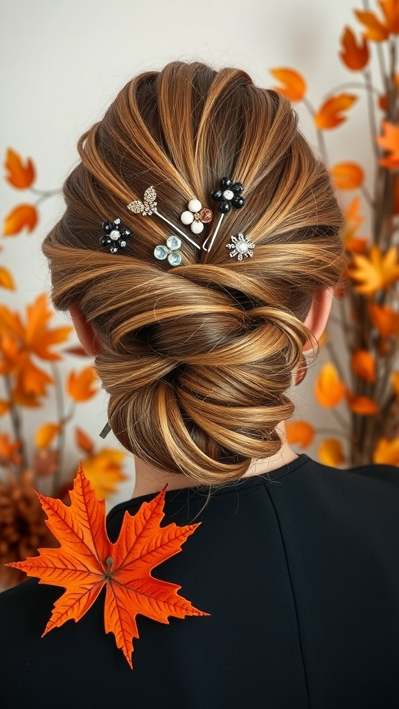 Elegant updo hairstyle adorned with decorative pins and an orange maple leaf.