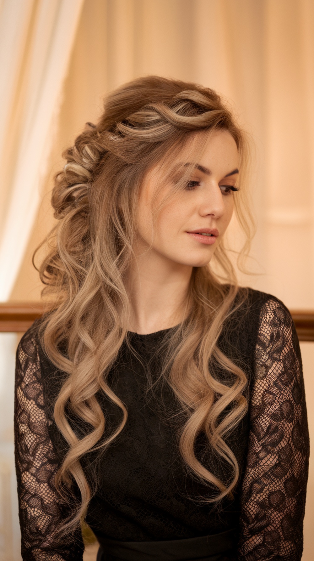 A woman with layered curls styled in an elegant updo, wearing a dark lace dress.