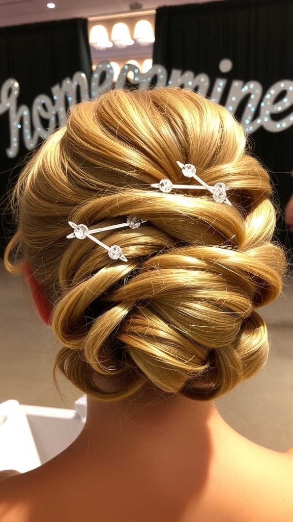 A beautiful updo hairstyle with soft twists and decorative hairpins, perfect for homecoming.