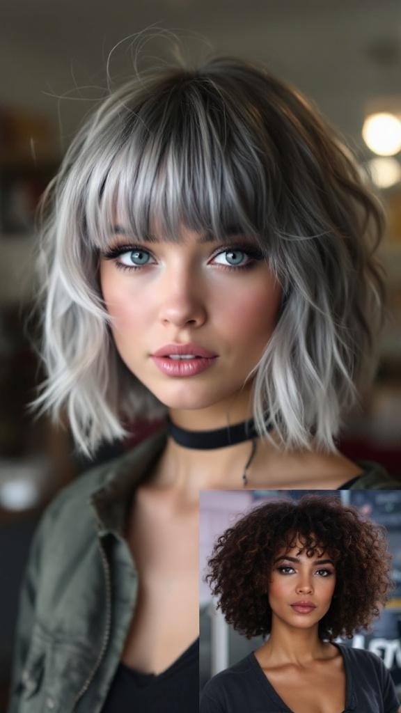 Two models showcasing emo shag haircuts: one with straight silver hair and the other with curly hair.