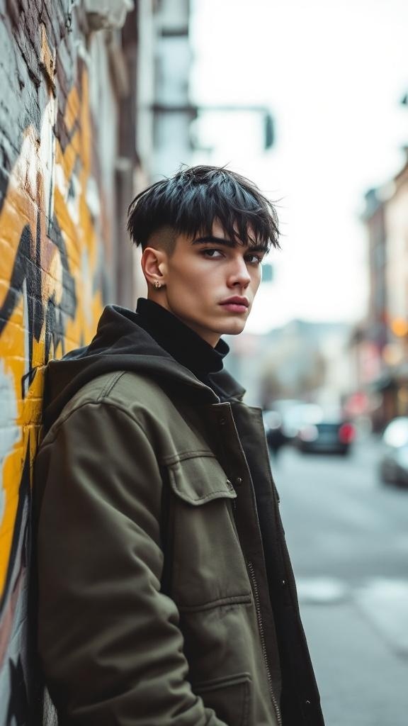Young man with emo shag haircut, wearing a casual jacket, standing against a colorful wall.