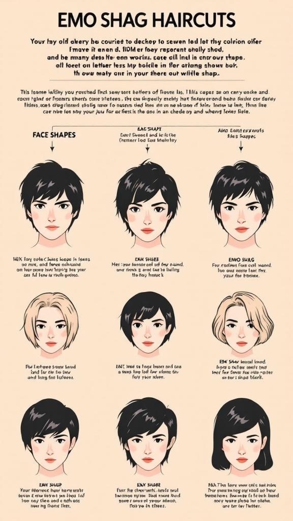Illustration showing different face shapes and suitable emo shag haircuts.