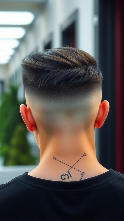 A stylish fade haircut with a short top, featuring a smooth transition and a tattoo at the nape.