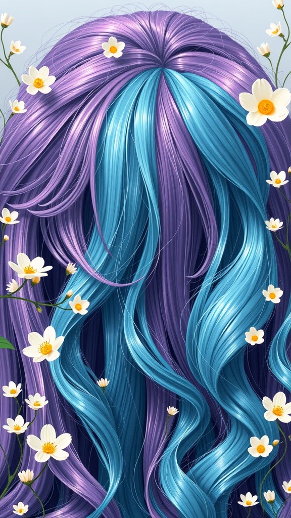 Long hair with purple and blue colors, surrounded by white flowers.
