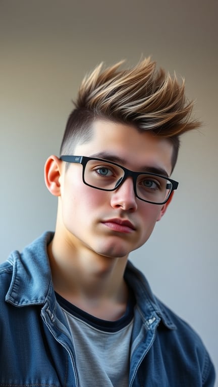 A young man with a stylish faux hawk hairstyle, wearing glasses and a denim jacket.