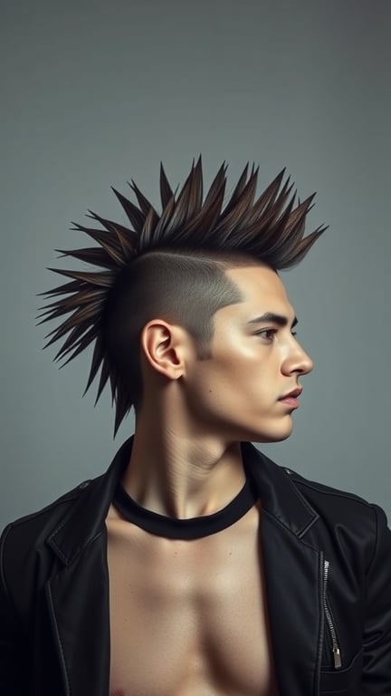 A young man with a faux hawk mullet hairstyle, featuring spiked hair on top and faded sides.