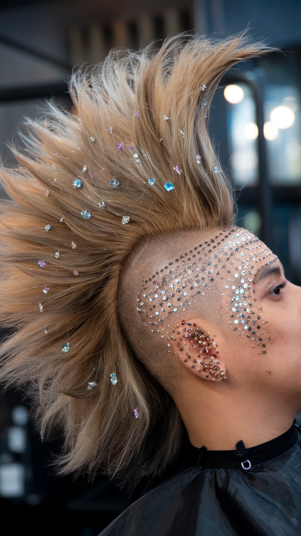 A stylish faux hawk hairstyle adorned with glitter and rhinestones.