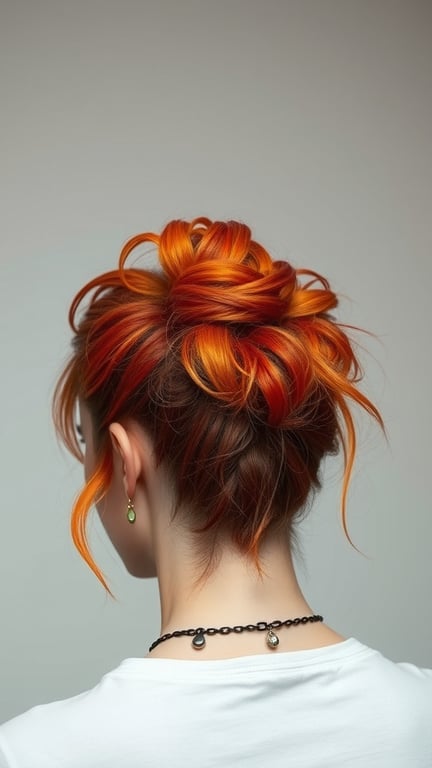 A woman with fiery red and orange hair styled in an updo, showcasing vibrant colors.