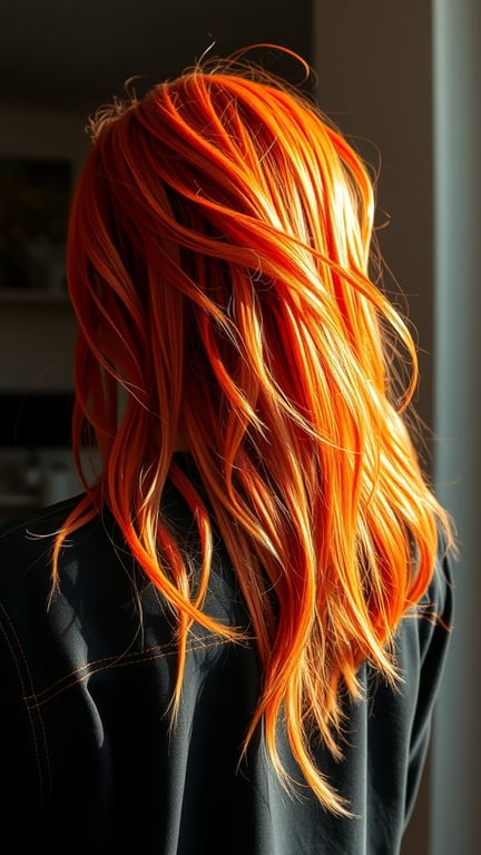 A person with long hair featuring fiery red and orange chunky highlights.