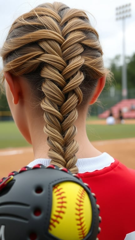 A close-up of a fishtail braid hairstyle worn by a softball player, with a glove and ball in view.