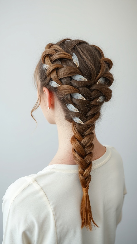 A fishtail braid adorned with feather accents, showcasing a stylish hairstyle.