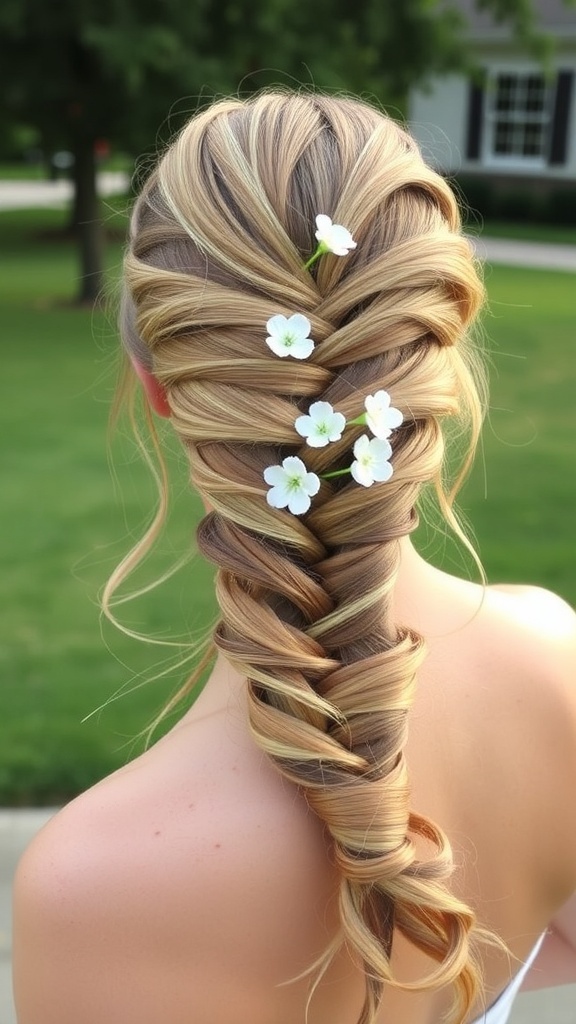 A stylish fishtail braid adorned with small white flowers.